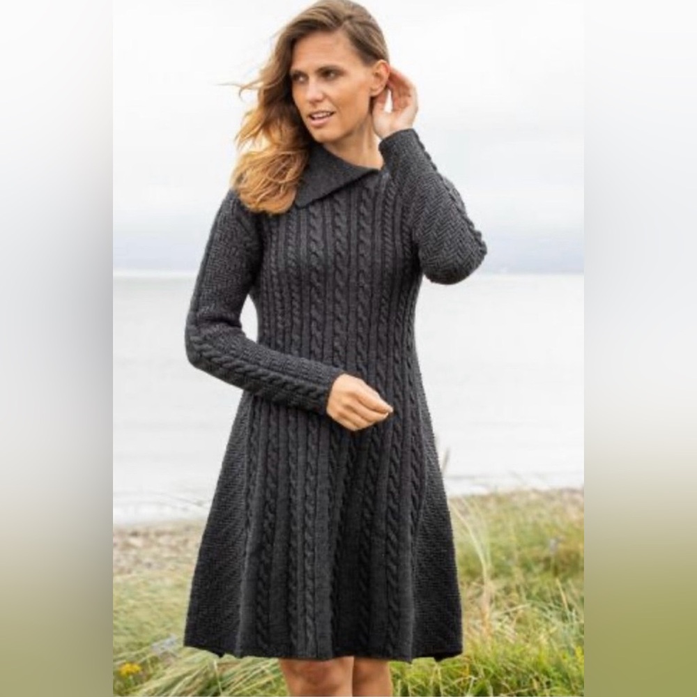 The Irish Store Merino Wool Cable Knit Aran Dress Charcoal Gray Size S NEW